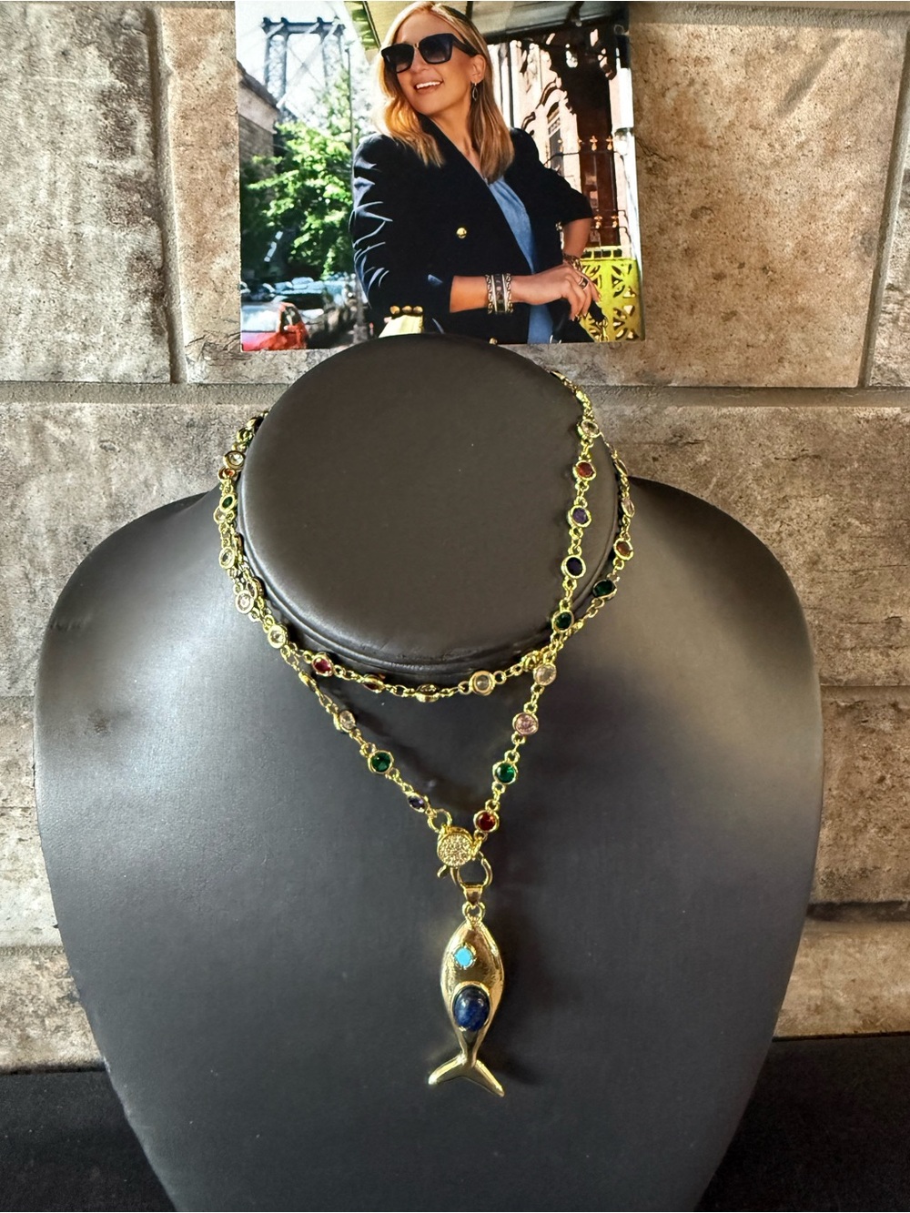 Freida Rothman Brass and Gold Multi Gem Fish Pendant Necklace